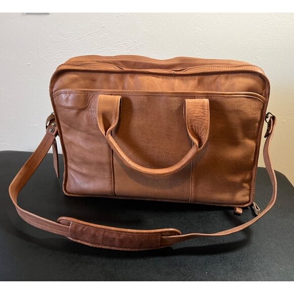 Brown / Tan Leather Satchel Messenger Bag Expandable Shoulder Strap & Handles - Picture 1 of 16